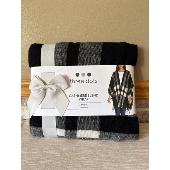 Three Dots Cashmere Blend Wrap Shawl One Size Black White Plaid - Picture 1 of 13